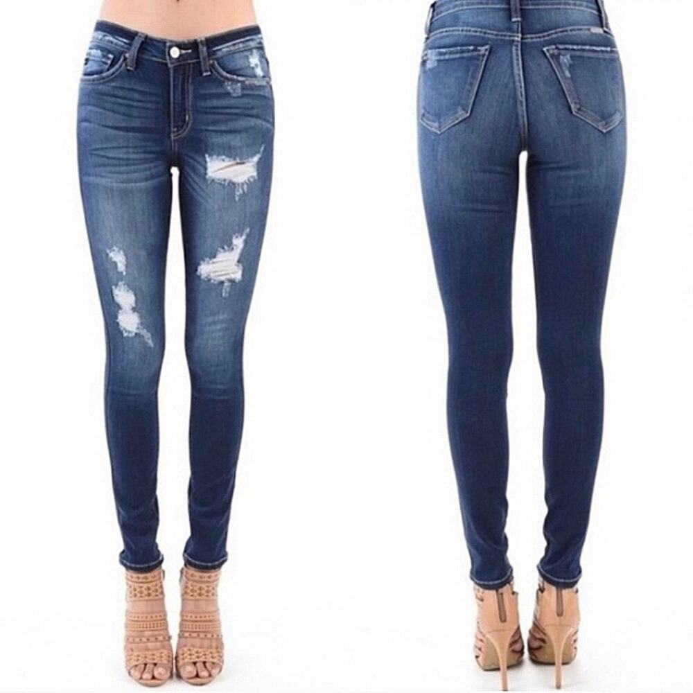 NEW KanCan Medium Dark Wash Distressed Stretchy Mid Rise Skinny Jeans